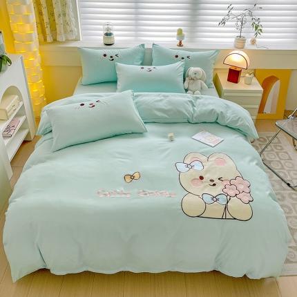 2024秋冬亲肤水洗棉贴布绣四件套-捧花小兔系列 捧花小兔-繁星蓝