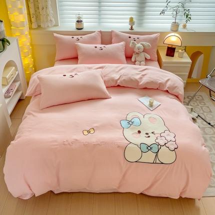 N先生 2024秋冬亲肤水洗棉贴布绣四件套-捧花小兔系列 捧花小兔-粉