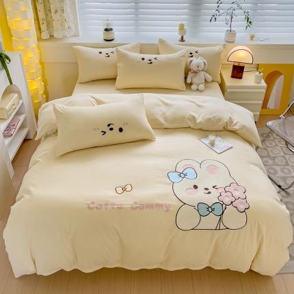 N先生2024秋冬亲肤水洗棉贴布绣四件套-捧花小兔系列 捧花小兔-奶黄