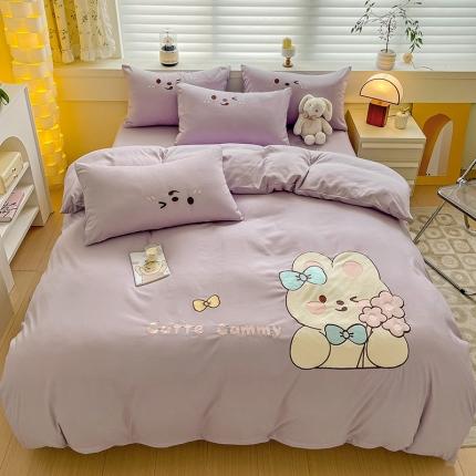 N先生 2024秋冬亲肤水洗棉贴布绣四件套-捧花小兔系列 捧花小兔-紫