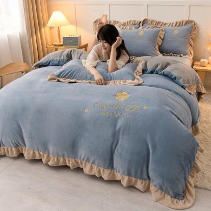 湘雪家居 2025新款纯色双层花边牛奶绒四件套 素颜-宾利蓝（浅）
