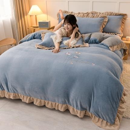 湘雪家居 2025新款纯色双层花边牛奶绒四件套 永恋-宾利蓝（浅）