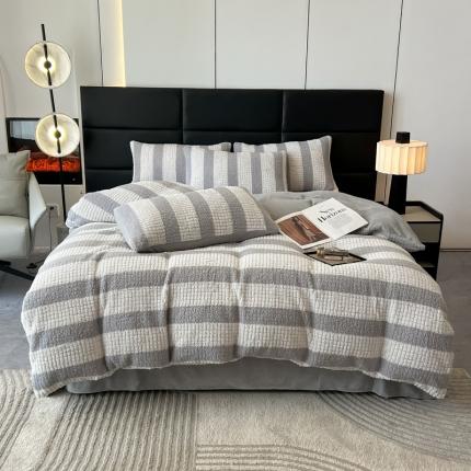 91家纺网 家纺一手货源 找家纺 总）韩都家居2023直播爆款320克A类泰迪兔毛绒剪花纯色牛奶绒四件套