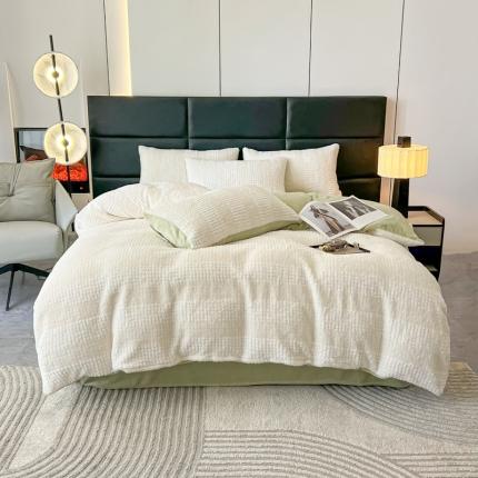 韩都家居2023直播爆款高端320克A类泰迪兔毛绒剪花纯色牛奶绒四件套 米兰-白绿