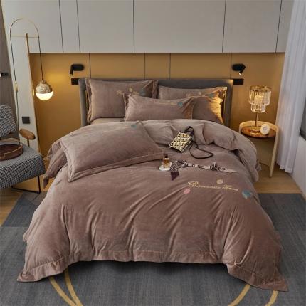 91家纺网 家纺一手货源 找家纺 瑞驰家纺 2023新款A类婴儿绒刺绣加厚保暖四件套—艾丽莎 艾丽莎-卡其