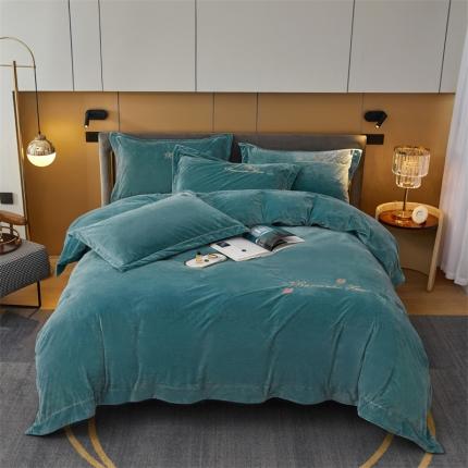 91家纺网 家纺一手货源 找家纺 瑞驰家纺 2023新款A类婴儿绒刺绣加厚保暖四件套—艾丽莎 艾丽莎-叶脉绿