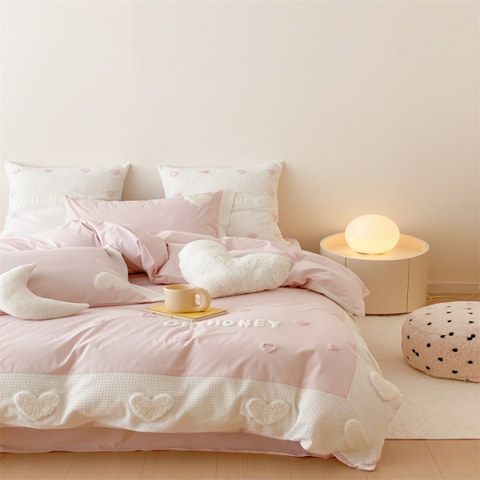 91家纺网 家纺一手货源 找家纺 星野 2023新款加厚40s水洗棉四件套-甜心 甜心清新粉