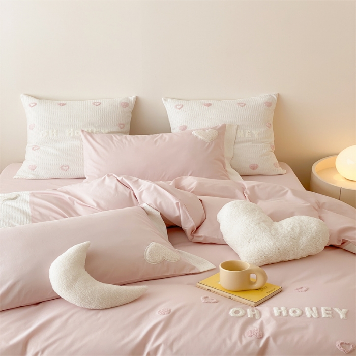 91家纺网 家纺一手货源 找家纺 星野 2023新款加厚40s水洗棉四件套-甜心 甜心清新粉