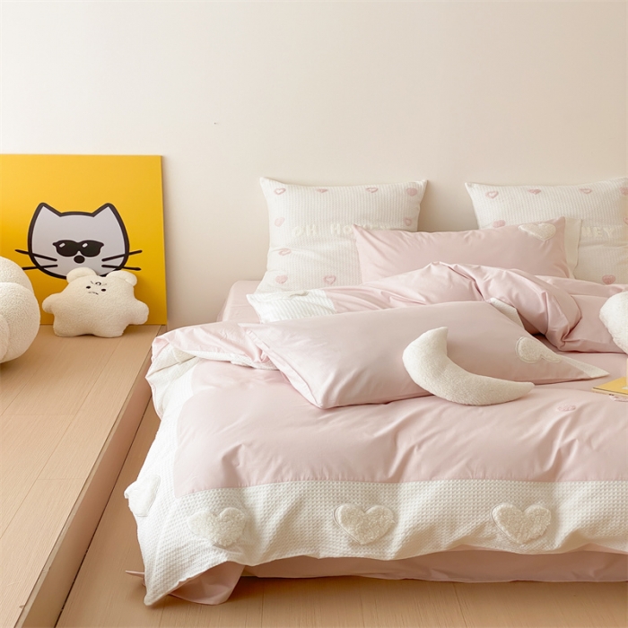 91家纺网 家纺一手货源 找家纺 星野 2023新款加厚40s水洗棉四件套-甜心 甜心清新粉