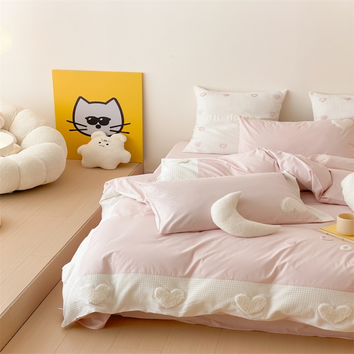 91家纺网 家纺一手货源 找家纺 星野 2023新款加厚40s水洗棉四件套-甜心 甜心清新粉