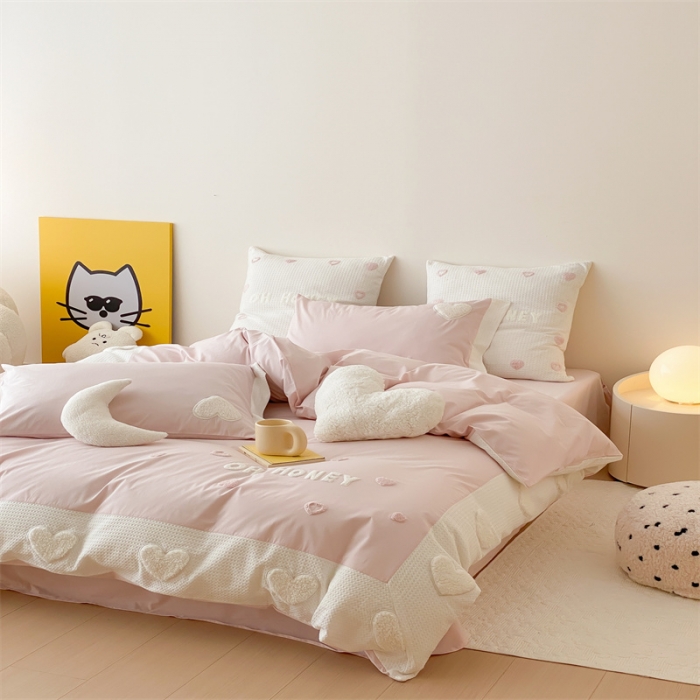 91家纺网 家纺一手货源 找家纺 星野 2023新款加厚40s水洗棉四件套-甜心 甜心清新粉