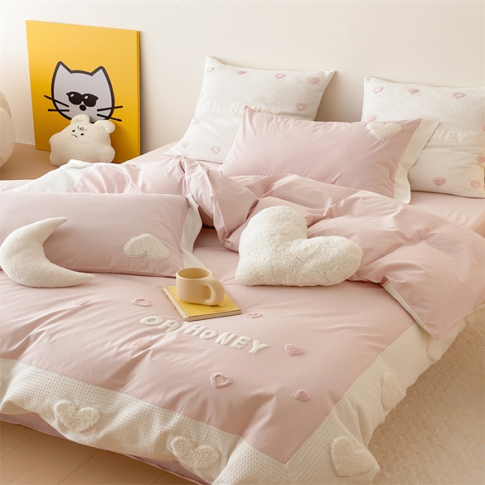 91家纺网 家纺一手货源 找家纺 星野 2023新款加厚40s水洗棉四件套-甜心 甜心清新粉