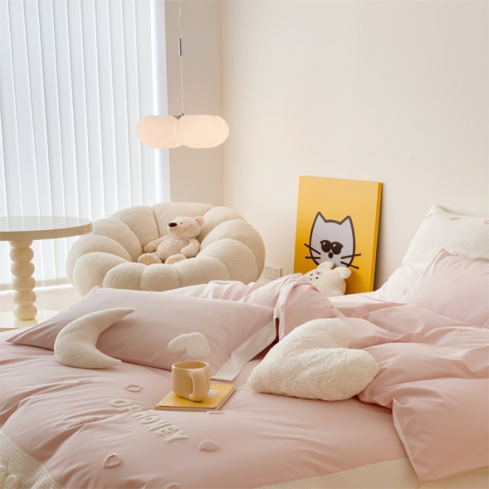 91家纺网 家纺一手货源 找家纺 星野 2023新款加厚40s水洗棉四件套-甜心 甜心清新粉