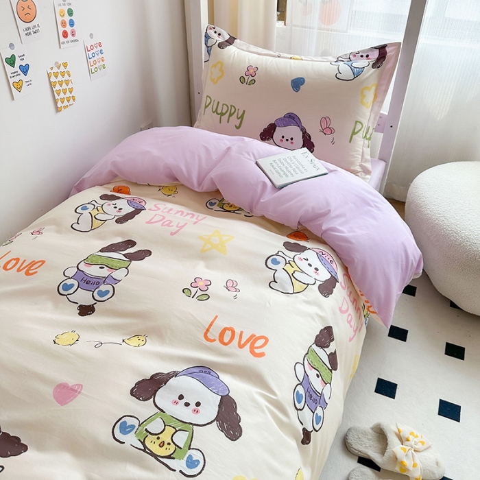 91家纺网 家纺一手货源 找家纺 金鑫汇 2023新款全棉宿舍印花三件套 狗狗乐园