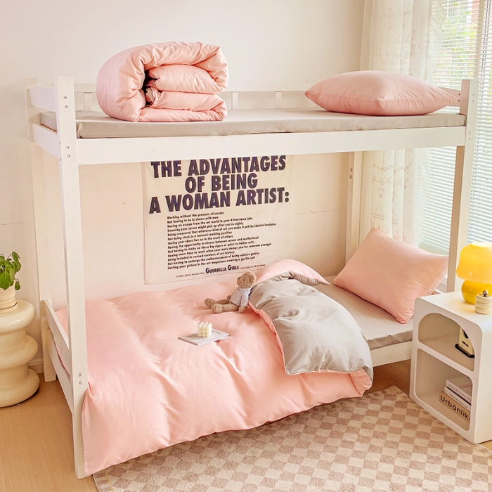 91家纺网 家纺一手货源 找家纺 曼璐 2025新款水洗棉无印风纯色条格单品被套 粉卡其