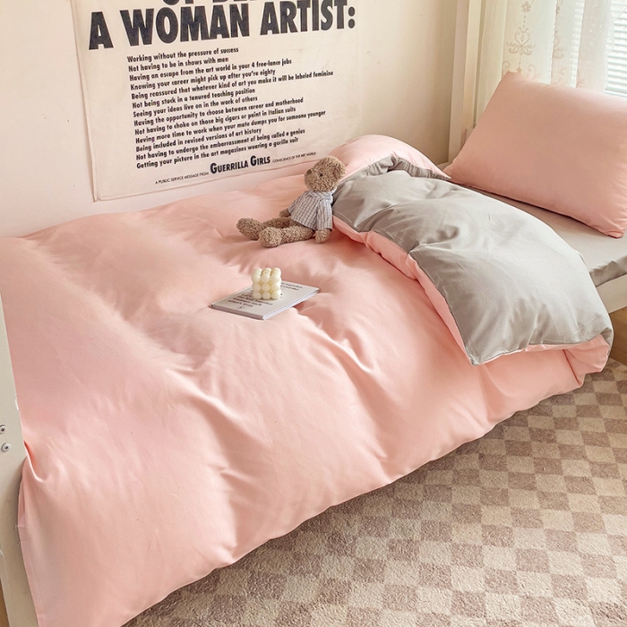 91家纺网 家纺一手货源 找家纺 曼璐 2025新款水洗棉无印风纯色条格单品被套 粉卡其