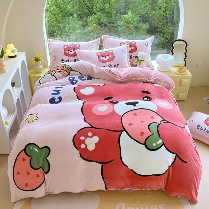 91家纺网 家纺一手货源 找家纺 莱米2023直播小清新卡通大版印花牛奶绒四件套保暖绒四件套 草莓熊