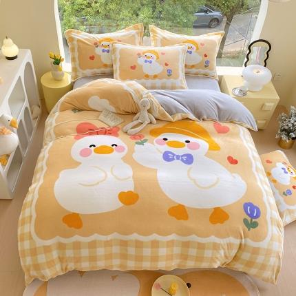91家纺网 家纺一手货源 找家纺 莱米2023直播小清新卡通大版印花牛奶绒四件套保暖绒四件套 可爱鸭