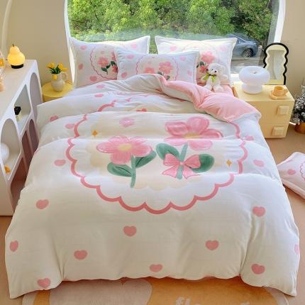 91家纺网 家纺一手货源 找家纺 莱米2023直播小清新卡通大版印花牛奶绒四件套保暖绒四件套 悠悠花语