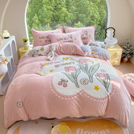 91家纺网 家纺一手货源 找家纺 莱米2023直播小清新卡通大版印花牛奶绒四件套保暖绒四件套 郁金香