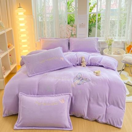 91家纺网 家纺一手货源 找家纺 易辰美 2023新款蝶梦系列保暖牛奶绒刺绣四件套 蝶梦一魅紫