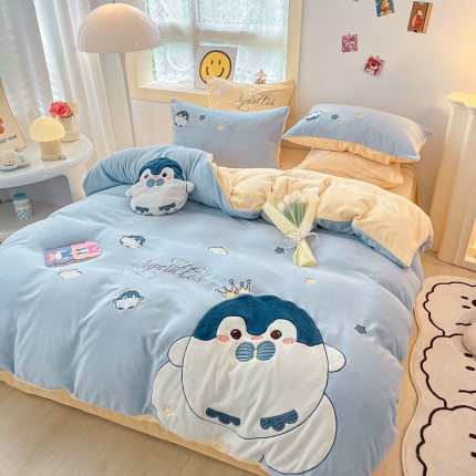 91家纺网 家纺一手货源 找家纺 （总)230克加厚牛奶绒贴布绣花四件套冬季儿童卡通三件套保暖套件