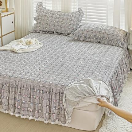 91家纺网 家纺一手货源 找家纺 （总）罗艺轩 2024新款全棉花边床笠式夹棉床裙三件套-波赛尔庄园