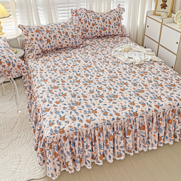 91家纺网 家纺一手货源 找家纺 罗艺轩 2024新款全棉花边床笠式夹棉床裙三件套波塞尔庄园丹尼斯