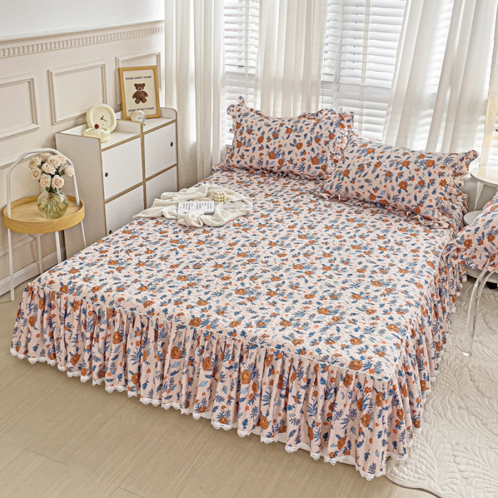 91家纺网 家纺一手货源 找家纺 罗艺轩 2024新款全棉花边床笠式夹棉床裙三件套波塞尔庄园丹尼斯