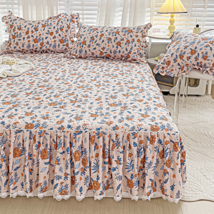 91家纺网 家纺一手货源 找家纺 罗艺轩 2024新款全棉花边床笠式夹棉床裙三件套波塞尔庄园丹尼斯