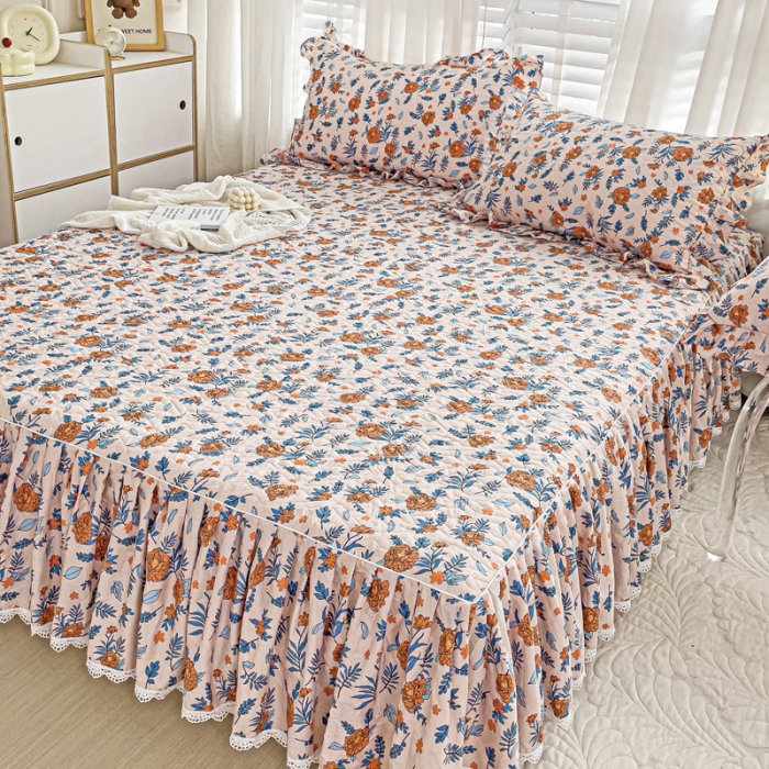 91家纺网 家纺一手货源 找家纺 罗艺轩 2024新款全棉花边床笠式夹棉床裙三件套波塞尔庄园丹尼斯