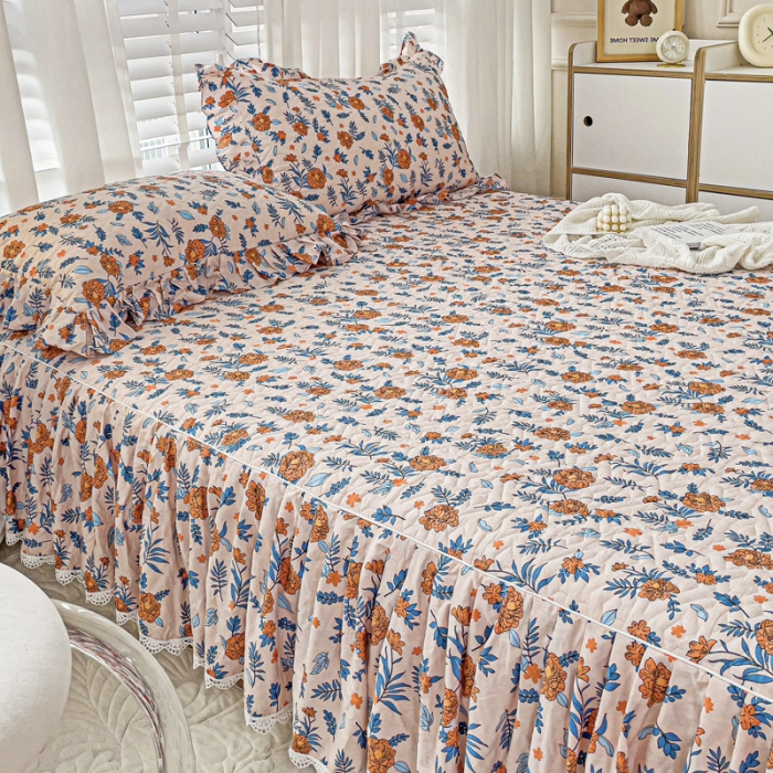 91家纺网 家纺一手货源 找家纺 罗艺轩 2024新款全棉花边床笠式夹棉床裙三件套波塞尔庄园丹尼斯