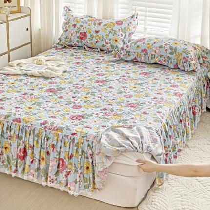 91家纺网 家纺一手货源 找家纺 罗艺轩 2024新款全棉花边床笠式夹棉床裙三件套波塞尔庄园繁花似锦