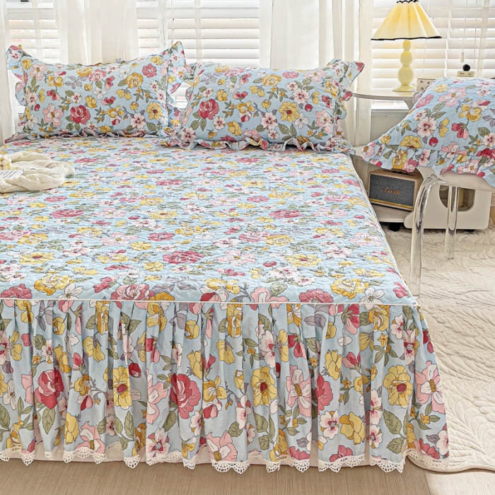 91家纺网 家纺一手货源 找家纺 罗艺轩 2024新款全棉花边床笠式夹棉床裙三件套波塞尔庄园繁花似锦