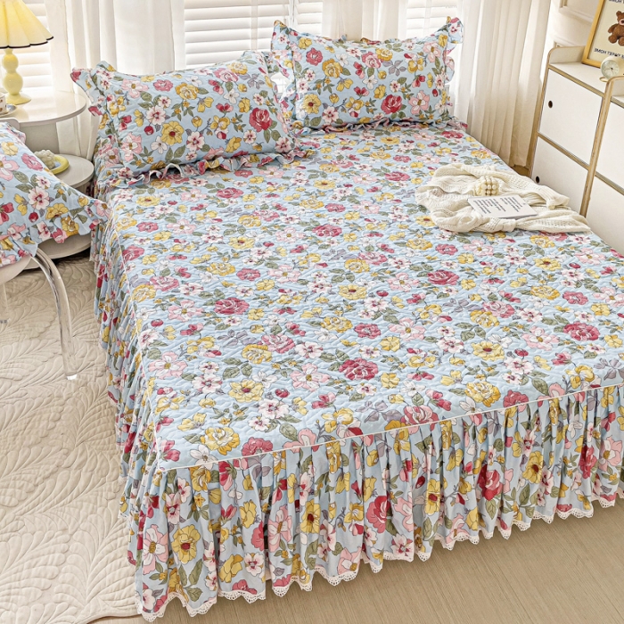 91家纺网 家纺一手货源 找家纺 罗艺轩 2024新款全棉花边床笠式夹棉床裙三件套波塞尔庄园繁花似锦