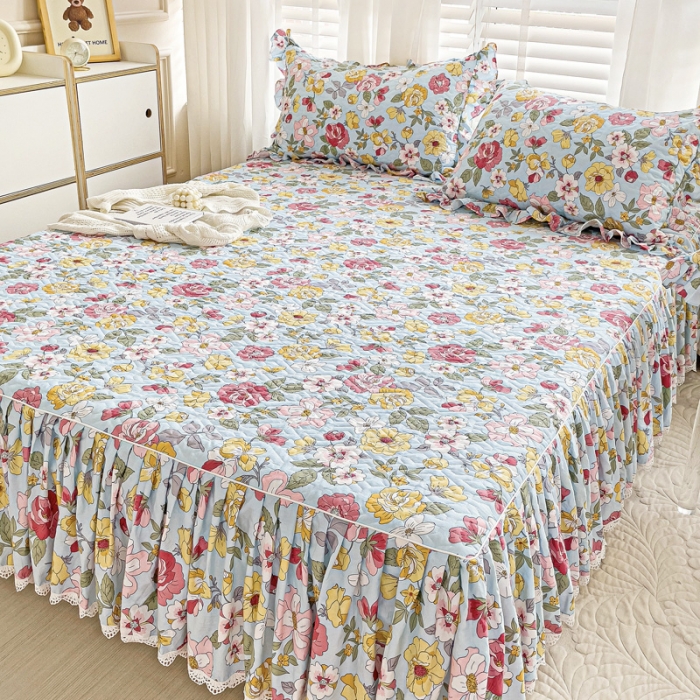 91家纺网 家纺一手货源 找家纺 罗艺轩 2024新款全棉花边床笠式夹棉床裙三件套波塞尔庄园繁花似锦