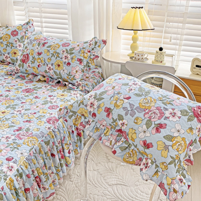 91家纺网 家纺一手货源 找家纺 罗艺轩 2024新款全棉花边床笠式夹棉床裙三件套波塞尔庄园繁花似锦