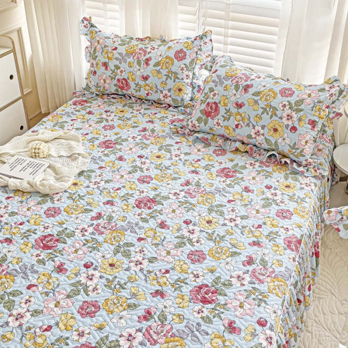 91家纺网 家纺一手货源 找家纺 罗艺轩 2024新款全棉花边床笠式夹棉床裙三件套波塞尔庄园繁花似锦