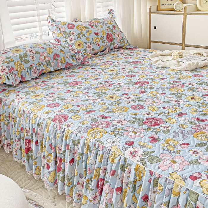 91家纺网 家纺一手货源 找家纺 罗艺轩 2024新款全棉花边床笠式夹棉床裙三件套波塞尔庄园繁花似锦