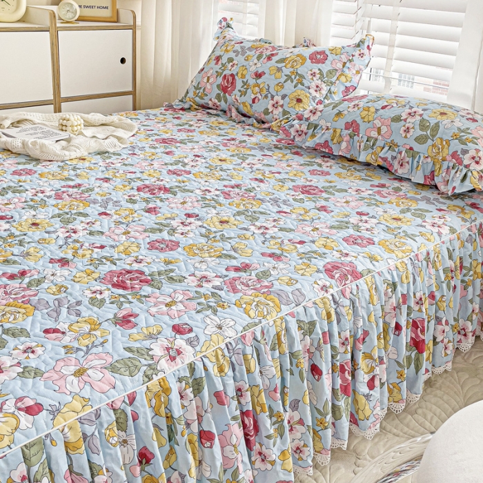 91家纺网 家纺一手货源 找家纺 罗艺轩 2024新款全棉花边床笠式夹棉床裙三件套波塞尔庄园繁花似锦