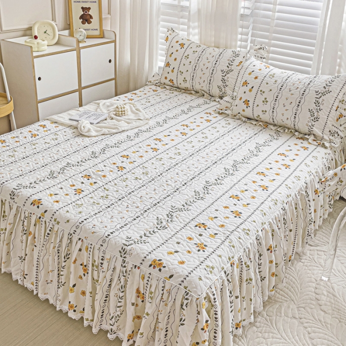 91家纺网 家纺一手货源 找家纺 罗艺轩 2024新款全棉花边床笠式夹棉床裙三件套波塞尔庄园芙拉花园