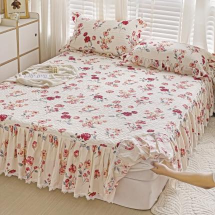 91家纺网 家纺一手货源 找家纺 罗艺轩 2024新款全棉花边床笠式夹棉床裙三件套波塞尔庄园复古花季