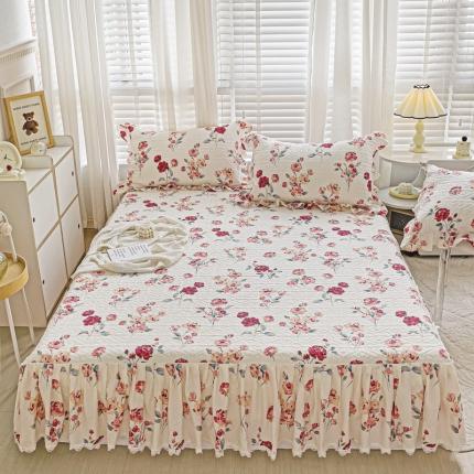 罗艺轩 2024新款全棉花边床笠式夹棉床裙三件套波塞尔庄园复古花季