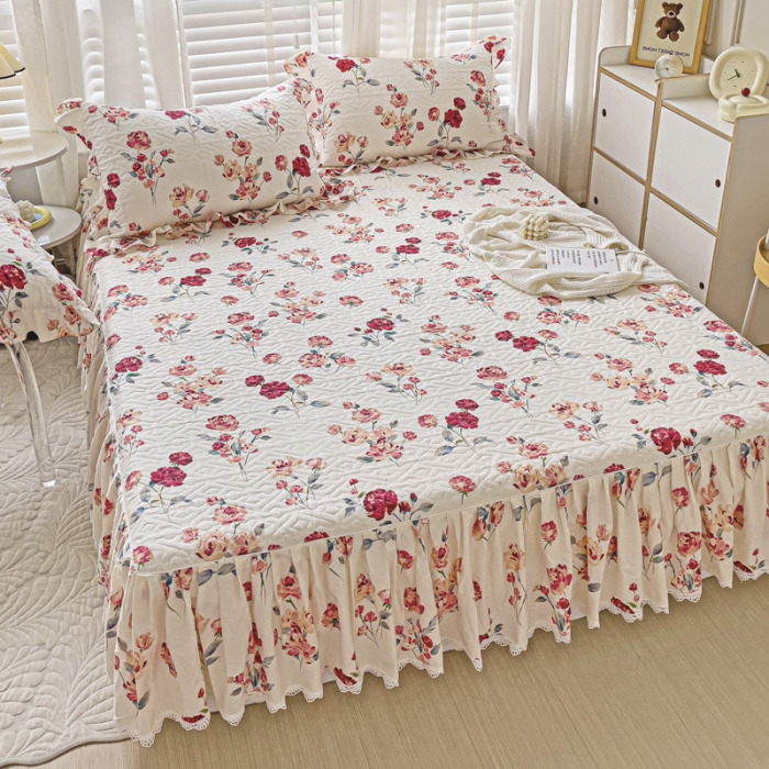 91家纺网 家纺一手货源 找家纺 罗艺轩 2024新款全棉花边床笠式夹棉床裙三件套波塞尔庄园复古花季