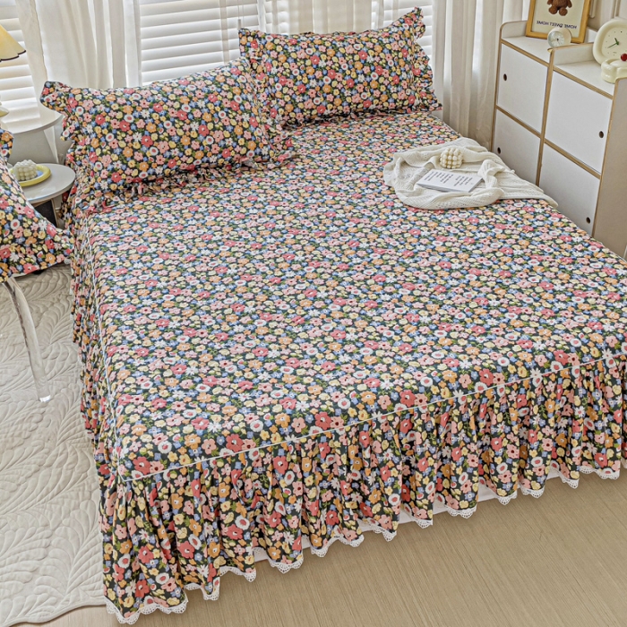 91家纺网 家纺一手货源 找家纺 罗艺轩 2024新款全棉花边床笠式夹棉床裙三件套波塞尔庄园花海