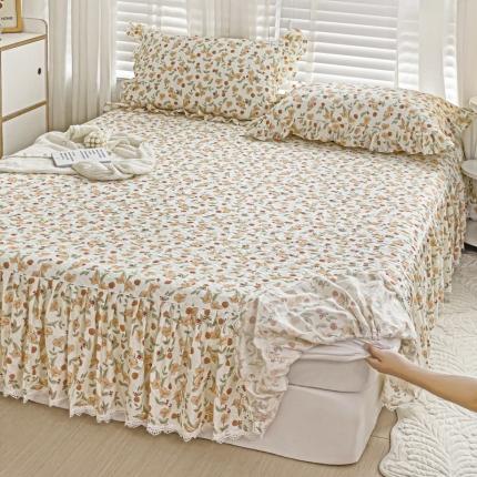 91家纺网 家纺一手货源 找家纺 罗艺轩 2024新款全棉花边床笠式夹棉床裙三件套波塞尔庄园花千朵