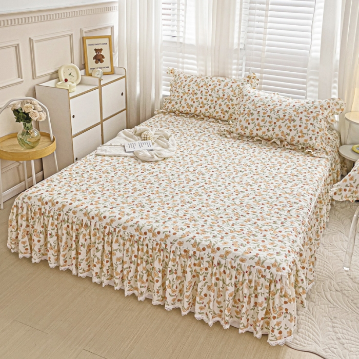 91家纺网 家纺一手货源 找家纺 罗艺轩 2024新款全棉花边床笠式夹棉床裙三件套波塞尔庄园花千朵
