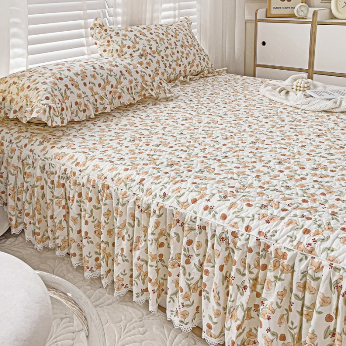 91家纺网 家纺一手货源 找家纺 罗艺轩 2024新款全棉花边床笠式夹棉床裙三件套波塞尔庄园花千朵