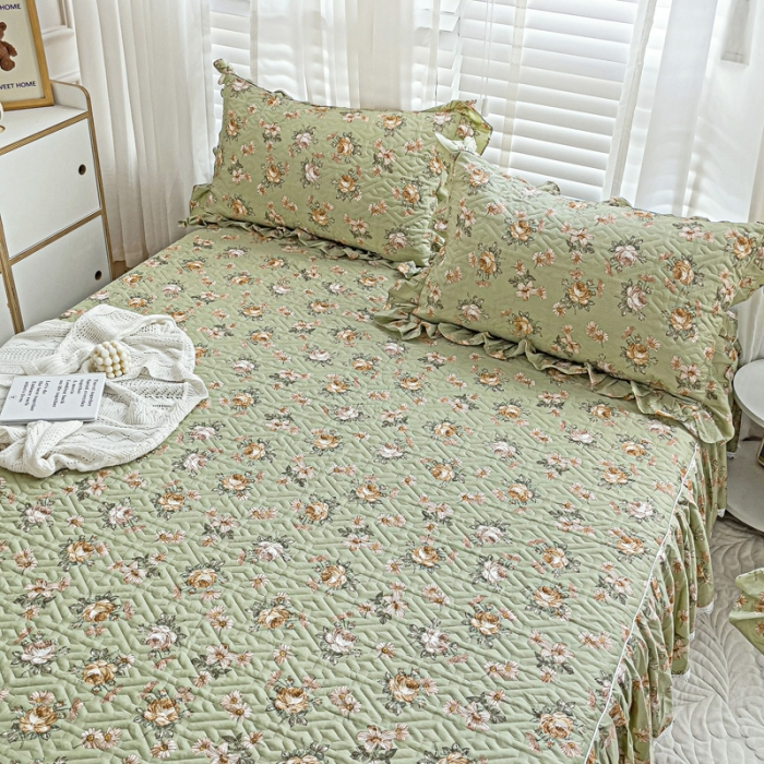 91家纺网 家纺一手货源 找家纺 罗艺轩 2024新款全棉花边床笠式夹棉床裙三件套波塞尔庄园花枝雅韵