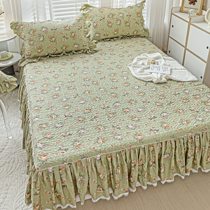 91家纺网 家纺一手货源 找家纺 罗艺轩 2024新款全棉花边床笠式夹棉床裙三件套波塞尔庄园花枝雅韵